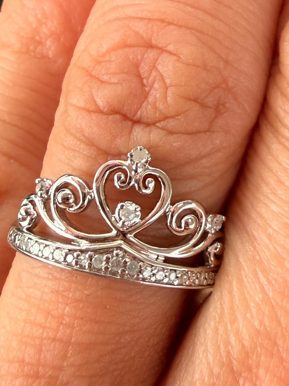 925 Sterling Silver Diamond Tiara Heart Ring -Sz7 Women's Jewelry
